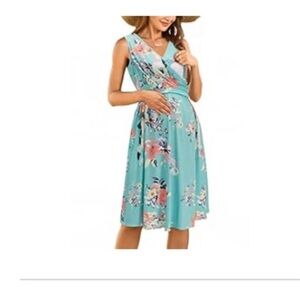 Women’s V-Neck Sleeveless Summer Floral Maternity and Nursing Dress-Large